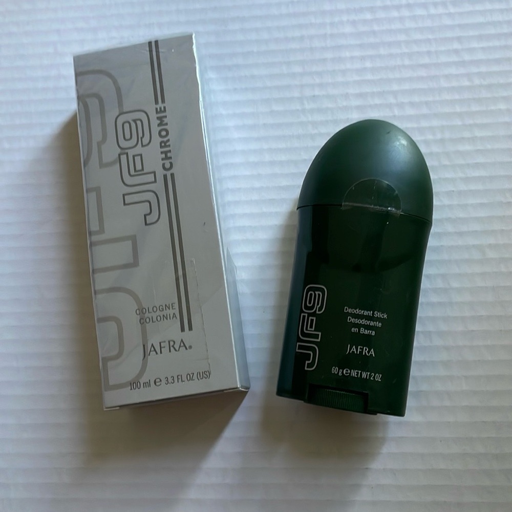 Jafra set of JF-9 chrome cologne and deodorant stick for men.